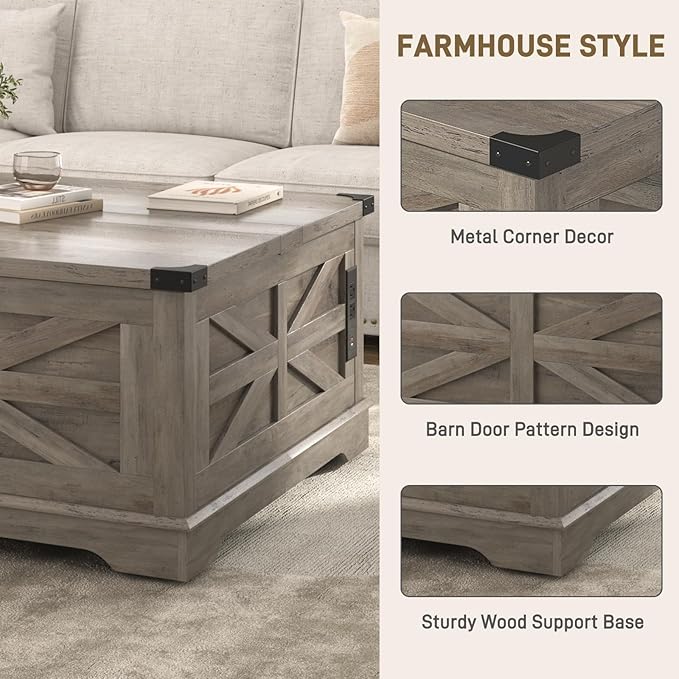 36" Farmhouse Movable Lift Top Coffee Table with Storage and Power Outlets, Square Wood Living Room Tables with Wheels&Large Hidden Space, Lift Wooden Barn Door Center Table, Grey