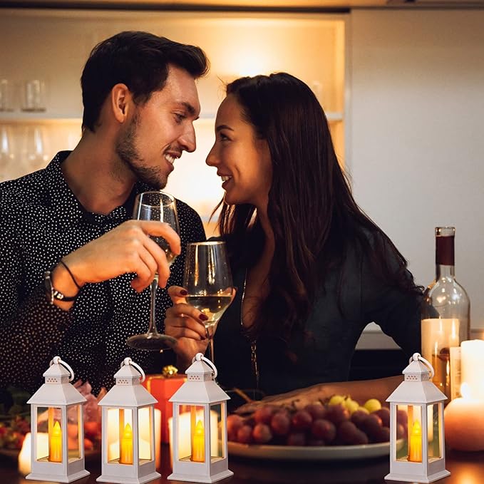 Hoolerry 24 Set Halloween Mini Lanterns with LED Candles 5.5'' Decorative Hanging Small Vintage Lantern Centerpiece Battery Powered for Wedding Table(White)