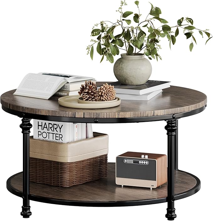 Garvee Round Coffee Table, 2 Tier Center Table with Storage for Living Room, 30.5 x 18 Inches, Wood Center Table for Living Room, Apartment, Easy to Assemble