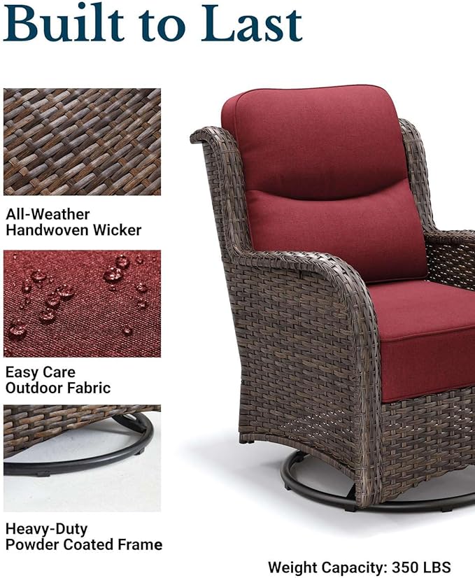 HILLGA Luxury Patio Furniture Set with 6-Inch Thick Cushions, High Back Outdoor Swivel Rocker Chairs and Ottoman, 5-Piece All Weather Conversation Set for Porch Deck Balcony Yard, Burgundy (V3)