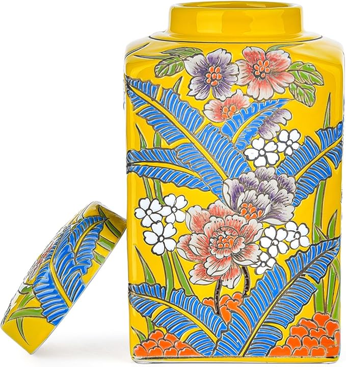 Sungmor Decorative Ceramic Ginger Jar with Lid, Square Ceramic Storage Jar Tea Canister, 8.2" Hand Painted Floral Pattern Porcelain Vase for Table Centerpiece, Yellow Glazed Ginger Jar for Home Decor