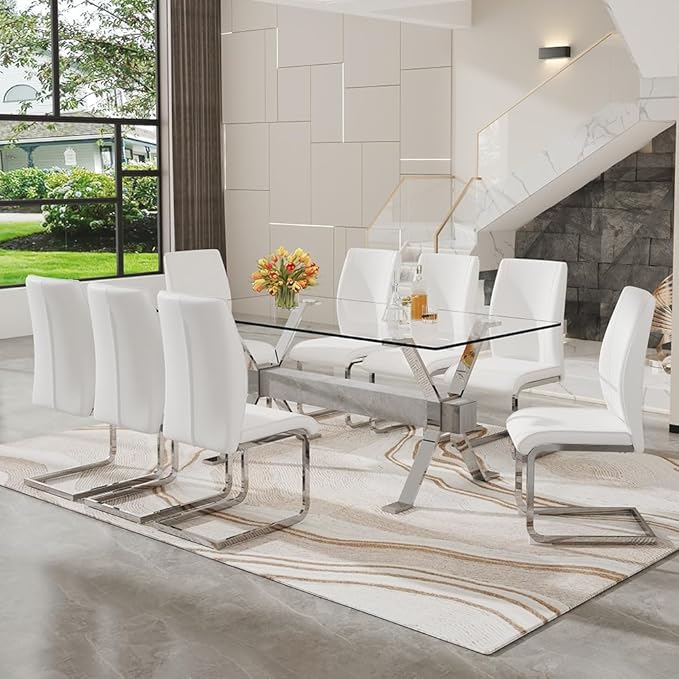 71'' Glass Dining Table Set for 8,9 Piece Dining Table Set with Tempered Glass Tabletop and Open‑Frame X‑Shaped Metal Base,Kitchen Table and Chairs Ideal for Dining Room&Home Office