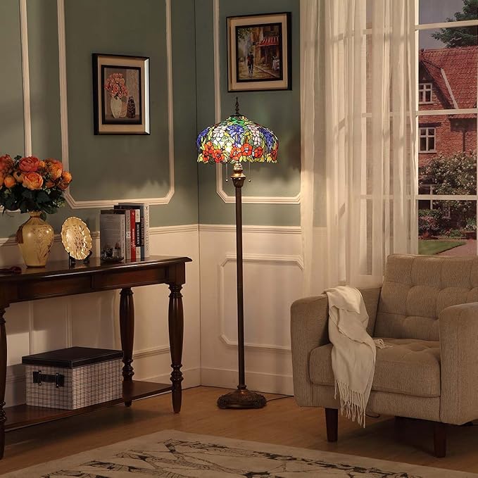 Bieye L10574 Wisteria and Rose Flower Tiffany Style Stained Glass Floor Lamp with 16 inch Wide Shade, 63 inch Tall
