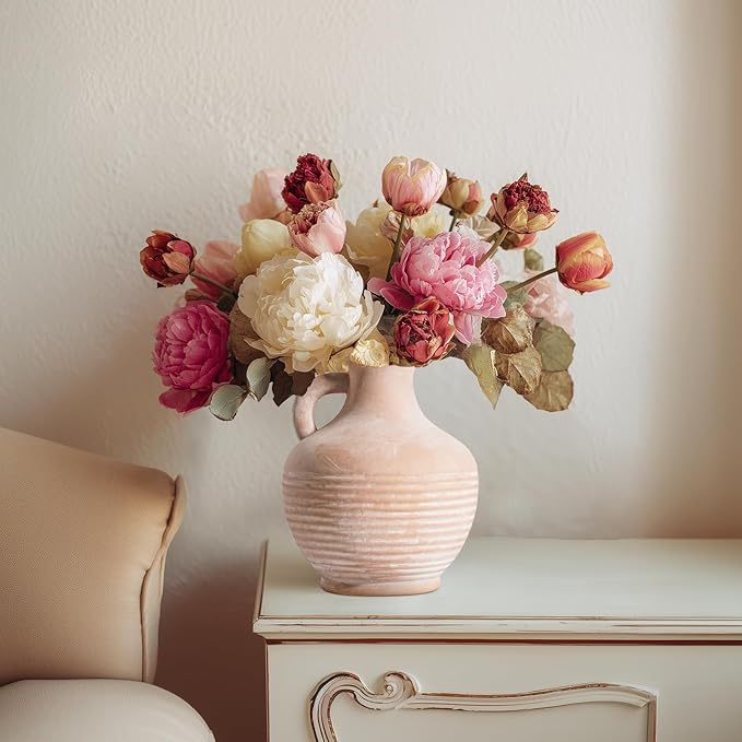 Ceramic Flower Vase with Handle, 6 inch Rustic Terracotta Vase, Vintage Clay Pottery, Farmhouse Decor, House Decorations for Home, Living Room, Bedroom, Entryway, Kitchen Decor