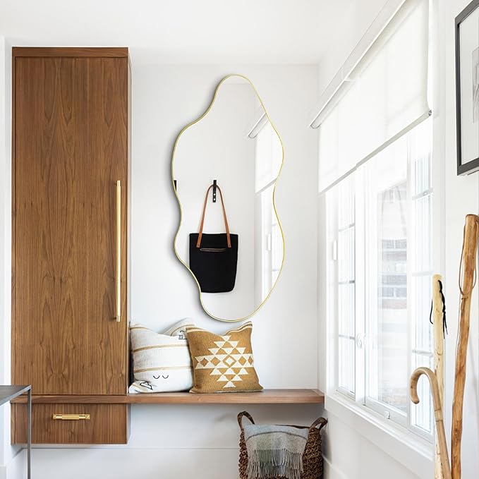 Irregular Wall Mirror, Gold Asymmetrical Mirrors, 47.2"x21.6" Large Wavy Shaped Mirror, Modern Frameless Decorative Mirrors for Living Room Bathroom Bedroom Hallway Entryway Fireplace