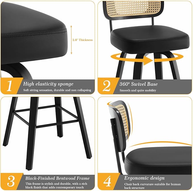 Swivel Bar Height Stools Set of 4, Upholstered Faux Leather Barstools with Rattan Back, 29" Seat Height Tall Bar Stools for Kitchen Counter, Black Wood Frame, Black