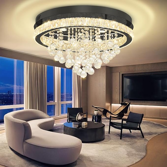 24" Modern Crystal Chandeliers for Dining Room Black Ceiling Chandelier Flush Mount Crystal Ceiling Light for Bedroom Living Room Hallway