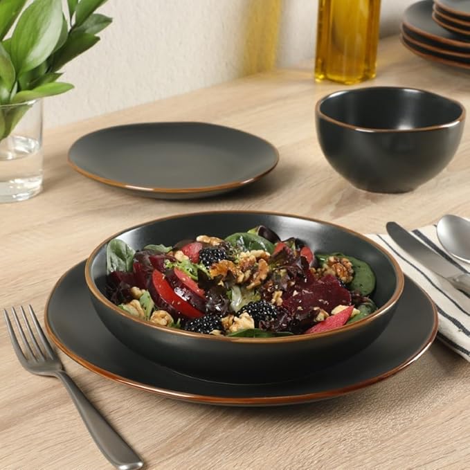 Gibson Home Hazeltine 16 Piece Plates and Bowls Dishes Stoneware Ceramic Dinnerware Set - Black