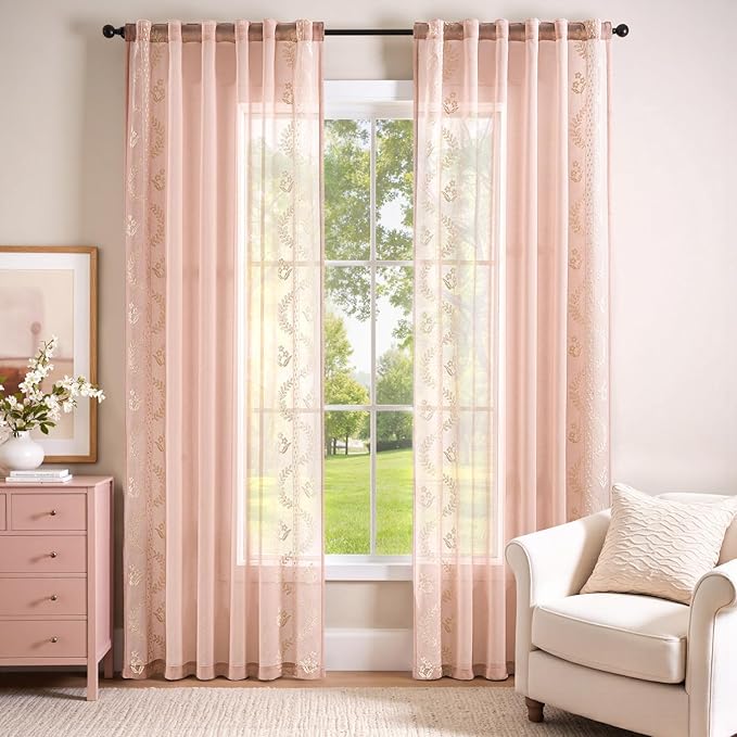 jinchan Belrose Winslow Pink Sheer Curtains 84 Inch for Bedroom Living Room Embroidered Bordered Floral Nursery Curtains for Girls Room Dorm Light Filtering Window Treatments, 2 Panels, W50 x L84