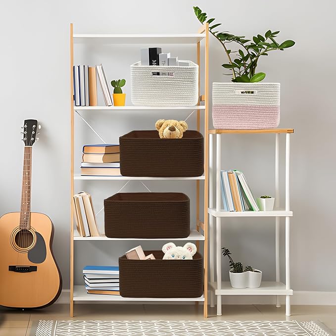 COMFY-HOMI 3 pcs Large Storage Baskets for Shelves, Laundry Basket, Woven Rope Basket, Closet Organizer Bins for Clothes Blanket Towels, Baby Nursery, Gift Toy Baskets, 17” x 13” x 7.5”-dark brown