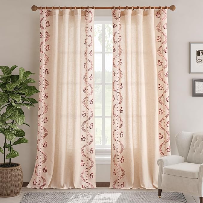 jinchan Belrose Linen Curtains for Bedroom Floral Curtains 96 Inch Length Linen Blend Burgundy Red Embroidered Drapes Farmhouse Flower Patterned Drapes for Living Room Window Treatments Set 2 Panels