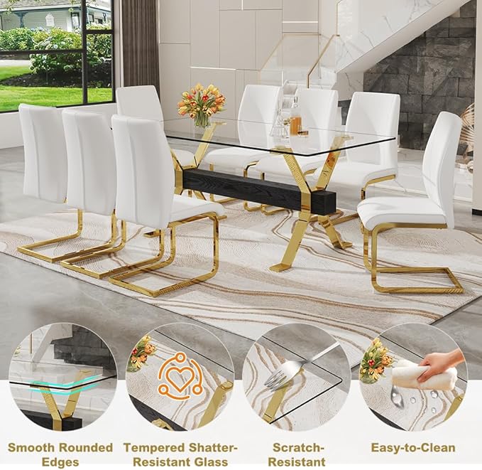 71'' Glass Dining Table Set for 8,9 Piece Dining Table Set with Open‑Frame X‑Shaped Golden Metal Base,Gold Kitchen Table and Chairs Ideal for Dining Room&Home Office