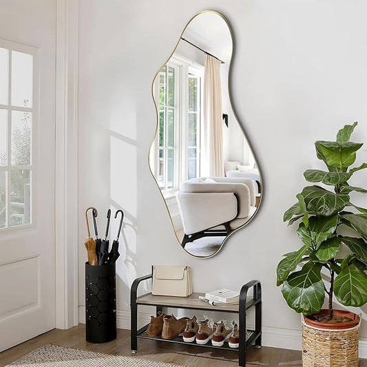 Irregular Wall Mirror, Gold Asymmetrical Mirrors, 47"x22" Wavy Shaped Mirror with Metal Frame, Modern Decorative Abstract Mirrors for Living Room Bathroom Bedroom Hallway Entryway