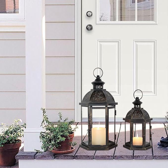 DECORKEY Large Lantern Decorative Outdoor & Indoor, Set of 2 (15’’&11’’) Metal Candle Lanterns Decor, Vintage Hanging Candle Holder for Front Porch Patio Wedding Farmhouse Home, Spring Decoration