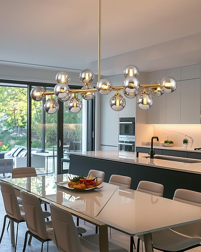 Glass Globe Sputnik Chandelier, 16-Light Mid Century Modern Light Fixture Over Table, Linear Chandeliers for Dining Room, Kitchen Island, Brass Gold and Smoke Grey Bubble, 40 Inch, GC-02