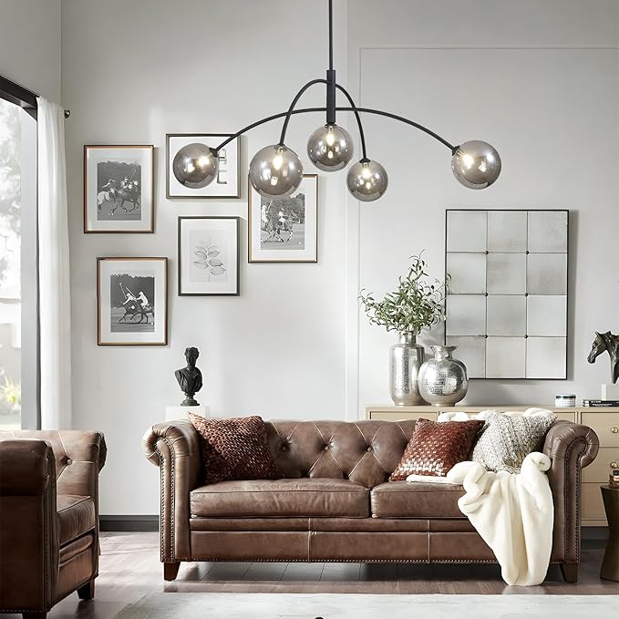Mid Century Modern Chandelier Black 5 Light Industrial Pendant Light Fixture Vintage Smoke Gray Globe Glass Sputnik Chandeliers for Bedroom Kitchen Living Room Hallway