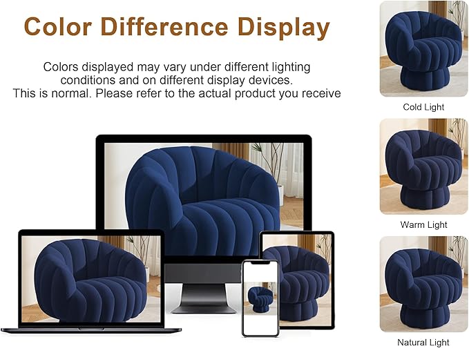 Mid Century Modern 360 Degree Barrel Swivel Accent Sofa Chair,Fluffy Velvet Fabric Lounge Wide Upholstered Pumpkin Reading Chair, Round Cloud Armchair for Living Room,Bedroom,Vanity(Navy Blue)