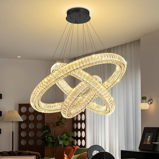 3 Rings Crystal Chandeliers for Living Room Black Chandelier High Ceiling Chandeliers for Foyer LED Dimmable3000-6000K D32+D24+D16
