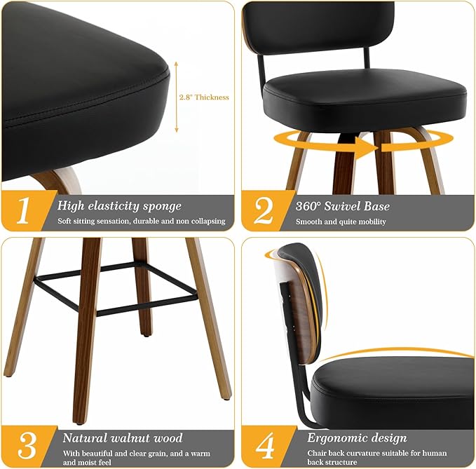 Swivel Bar Stools Set of 4, 29" Upholstered Faux Leather Barstools with Back and Bent Wood Legs, Mid Century Modern Bar Chair Island Stool for Kitchen Counter, Black