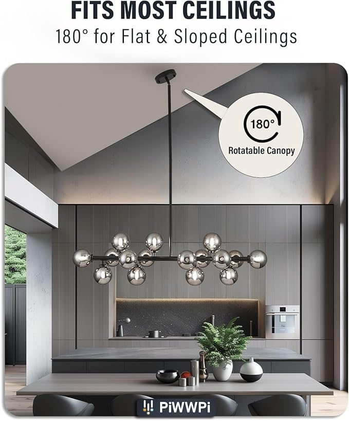 Glass Globe Sputnik Chandelier, 16-Light Mid Century Modern Light Fixture Over Table, Linear Chandeliers for Dining Room, Kitchen Island, Black and Smoke Grey Bubble, 40 Inch, GC-02