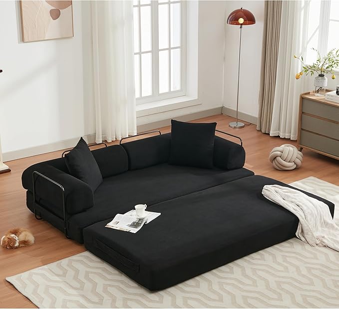 Convertible Sleeper Sofa Bed with Cylindrical Pillow, Corduroy Folding Mattress Couch with Fixed-Shape Frame, Floor Sofa Lounge Couch for Living Room Bedroom Lounge Studio-Black