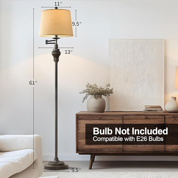 61" Vintage Floor Lamp with 350° Adjustable Swing Arm, Standing Lamp for Bedroom Living Room Bedside Nightstand Retro Farmhouse Mid Century Lamp Light Home Décor Office Gifts