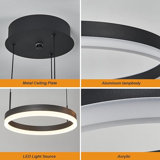 Modern Black Ring Chandelier LED Circle Geometric Pendant Light Dimmable 3 Rings Ceiling Light Fixtures High Ceiling Foyer Chandelier for Living Room Dining Room Bedroom