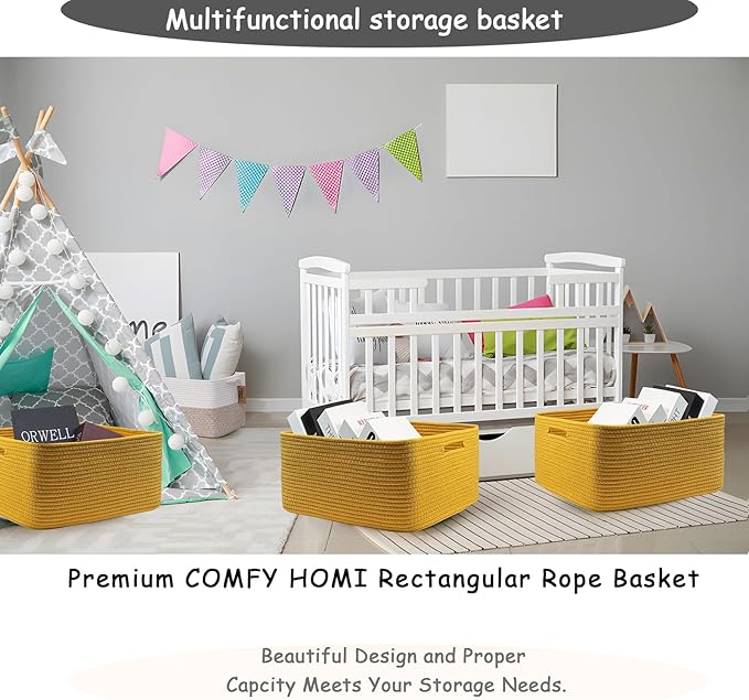 COMFY-HOMI 3 pcs Large Storage Baskets for Shelves, Laundry Basket, Woven Rope Basket, Closet Organizer Bins for Clothes Blanket Towels, Baby Nursery, Gift Toy Baskets, 17” x 13” x 7.5”-yellow
