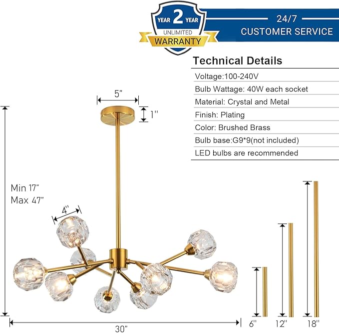 Sputnik Chandeliers for Dining Room Light Fixture Over Table, Modern Crystal Chandeliers, 9 Lights Gold Lighting Fixtures for Living Room Bedroom Kitchen Island