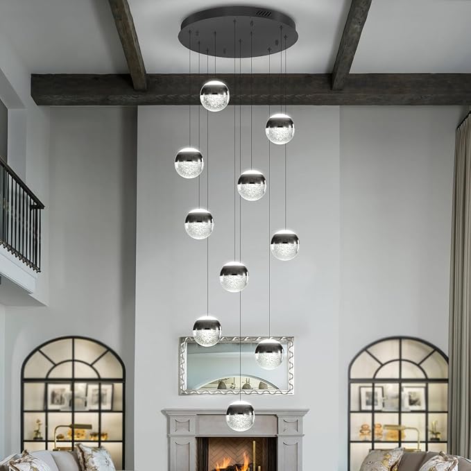Staircase Chandelier Crystal Globe Pendant Light Black Large Chandeliers for High Ceiling,10-Lights Hanging Flush Mount Lighting Fixtures for Foyer,Entryway,Living Room