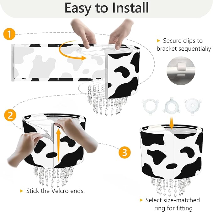 Star Vision Black & White Cow Print Drum Fabric Lampshade with Acrylic Beaded Droplets, Modern Farmhouse Light Shade for Pendant, Table, Wall & Floor Lamps, Bedroom, Living Room & Entryway Décor