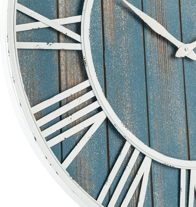 36" Coastal Wall Clock - Metal & Solid Wood Noiseless Weathered Beach Blue Wall Clock