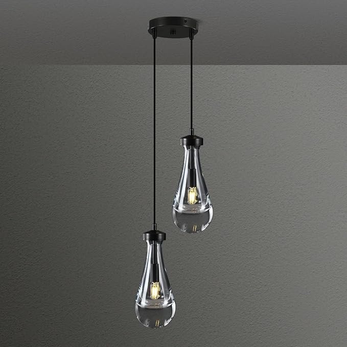 Modern Raindrop Pendant Lights, Black Cluster 2-Light Pendant Lights Kitchen Island, Bronze Bedside Pendant Lighting, Adjustable Suspension Cord for Dining Room,Bathroom,Bedroom,Bulb Included