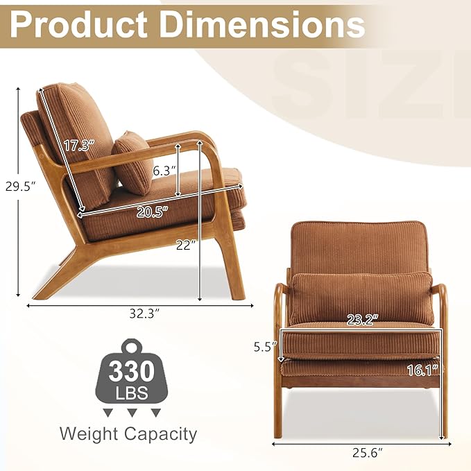 Karl home Mid-Century Modern Accent Chair, Living Room Chairs with Pillow Corduroy Upholstered Lounge Armchair with Solid Wood Frame & Soft Cushion for Bedroom, Reading Room, Brown
