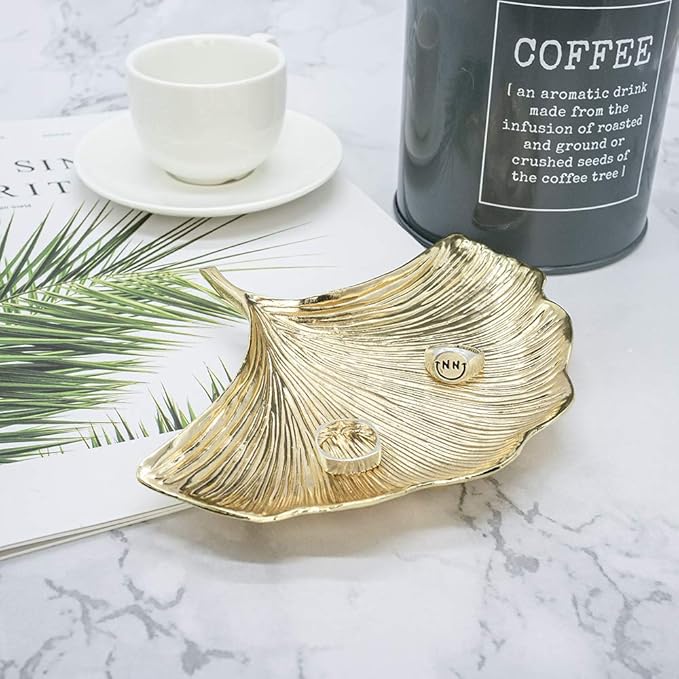 Metal Jewelry Dish, Small Leaf Shaped Ring Holder Jewelry Organizer, Trinket Dish Vanity Tray for Dresser Christmas Birthday Wedding Gifts Large Ginkgo-Gold