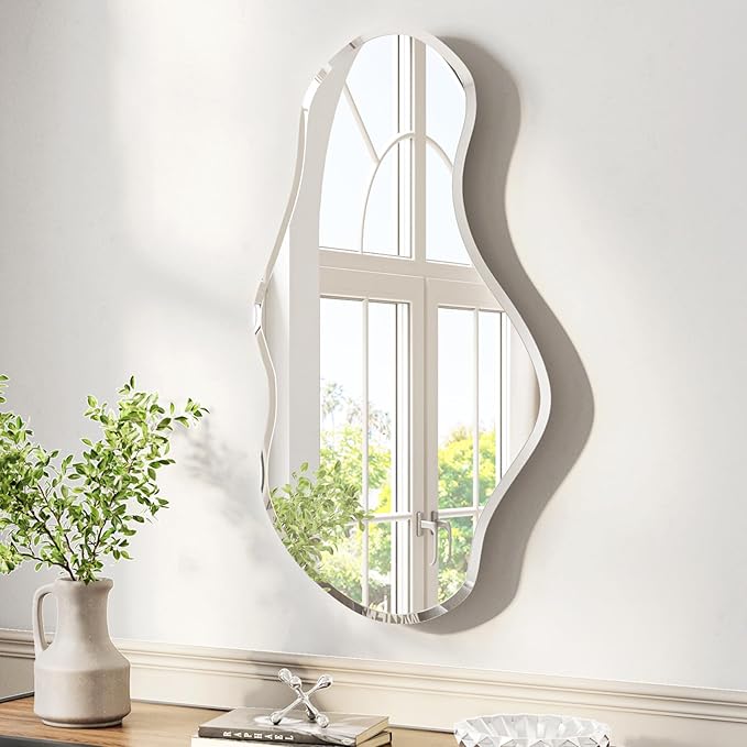 USHOWER Irregular Wall Mirror 20"x36", Frameless Wavy Mirror with Beveled & Polished Edge, Wall Mirrors Decorative for Bathroom, Bedroom, Living Room, Entryway, Cloakroom Renovation