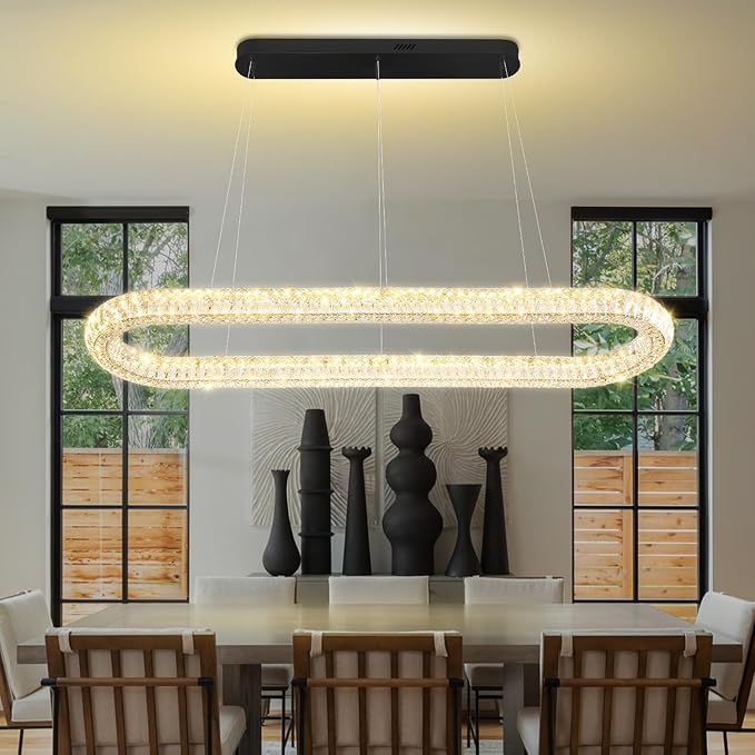 Oval Crystal Chandelier, 55'' Black Crystal Ring Pendant Light for Kitchen Island Modern Linear Oval Chandeliers for Dining Room Dimmable 3000K-6000K