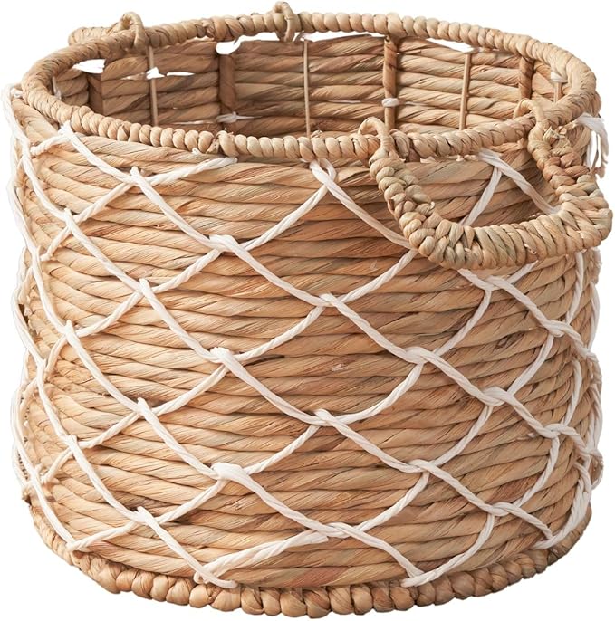 Woven Water Hyacinth Wicker with Rope Storage Basket (18" x 18" x 12.2" - Natural Brown) - Ideal for Halloween, Thanksgiving, and Home Organization