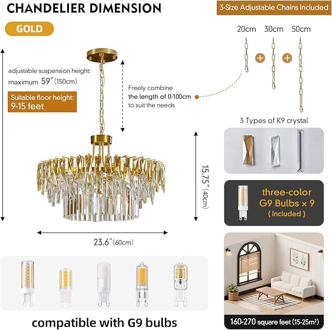 Modern Gold Round Crystal Chandelier - 23.6'' Luxury K9 Crystals Chandeliers for Dining room,3 Tier Raindrop Chandelier for Living room,Contemporary Light Fixture for Bedroom Foyer Entryway Kitchen