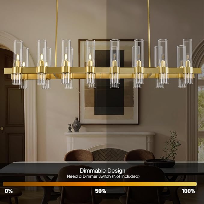 Modern Gold Linear Chandelier for Dining Room, 54'' Rectangular Dining Chandeliers Over Dining Table 16 Light, Linear Chandelier Lighting Fixture with Glass over Kitchen Island, Includes Bulbs