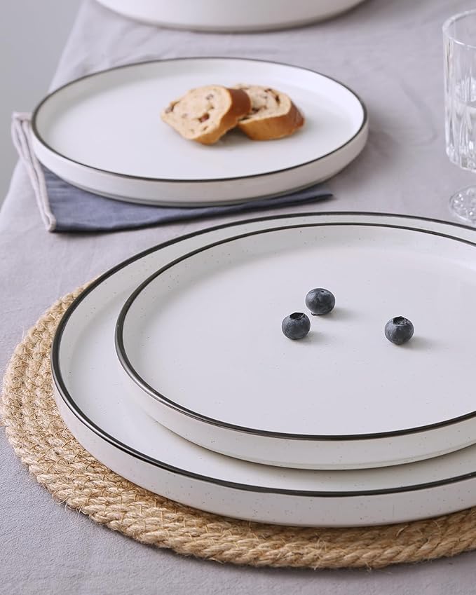 Famiware Nebula Plates and Bowls Sets for 4, 12 Pieces Stoneware Dinnerware Set, Microwave and Dishwasher Safe Dishes Set, White with Black Rim