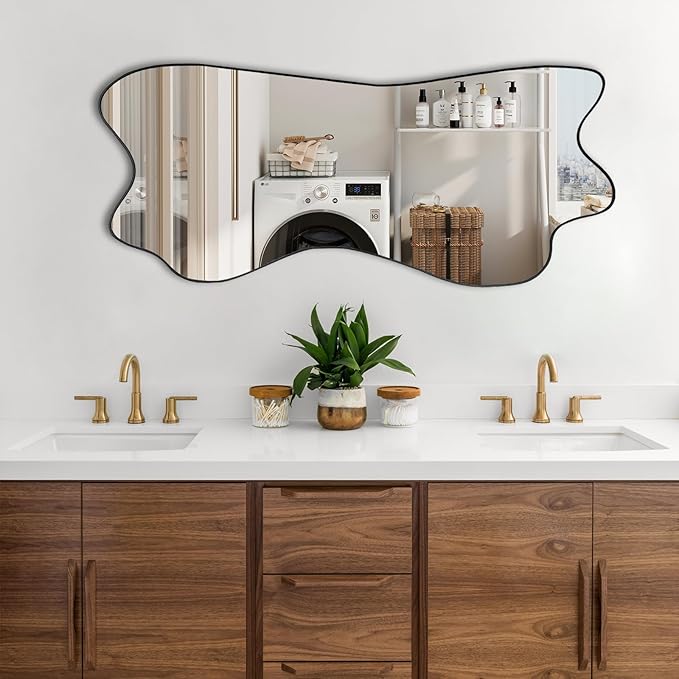 Irregular Mirror, Large Asymmetrical Wall Mirror, 47.2"x21.2" Modern Wavy Frameless Mirrors, Odd Shaped Mirrors for Living Room Bathroom Bedroom Entryway Fireplace