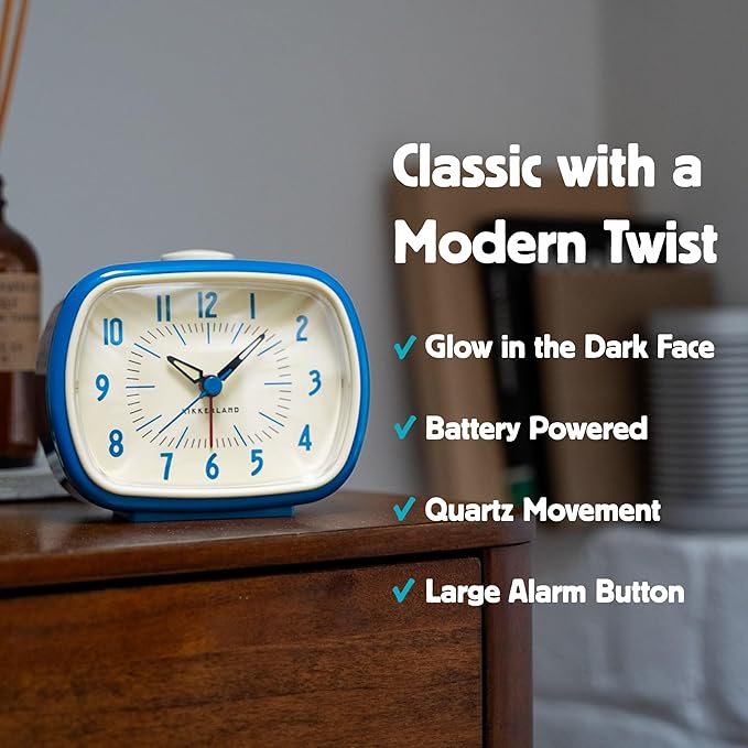 Kikkerland Retro Alarm Clock – Vintage Decor for Bedroom, Nightstand, Living Room, or Office – Battery Operated, Glow in The Dark, Decorative Analog Clock, Blue