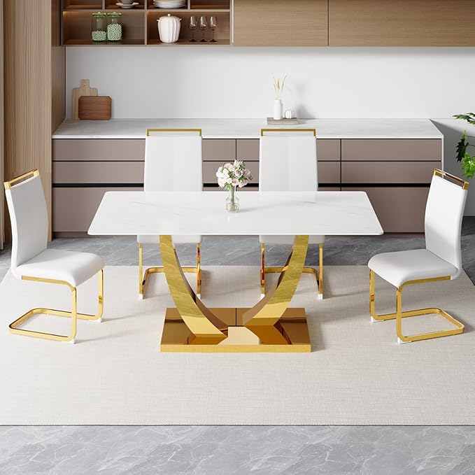 63” Dining Room Table Set for 4,Modern Gold Dining Table Set for 4, Rectangle Kitchen Table Set with Leather Chairs, White Faux Marble Dinner Table Set with Tempered Glass Top and Golden Base