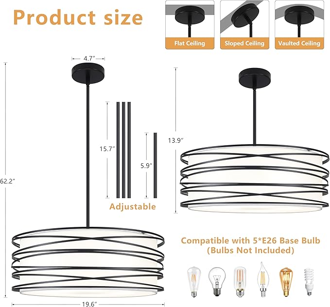19.7" Black Pendant Light, 5-Lights Modern Drum Chandeliers for Dining Room Adjustable Pendant Hanging Lighting with White Fabric Shade for Kitchen Island Living Room Entryway Bedroom