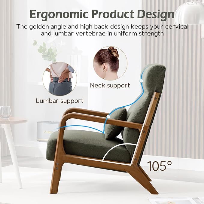 INZOY Mid Century Modern Accent Chair Set of 2, High Back Reading Armchair with Wood Frame, Upholstered Living Room Chairs with Waist Cushion, Single Lounge Arm Chair for Bedroom Sunroom, Green