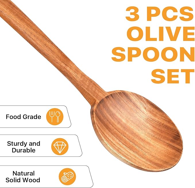 3 Pcs Olive Wood Cooking Spoon Set, Wooden Spoons, Long Handle Wooden Cooking Utensil, Large Wooden Utensils for Cooking Serving Mixing Stirring(12 in, 12 in, 11.2 in)