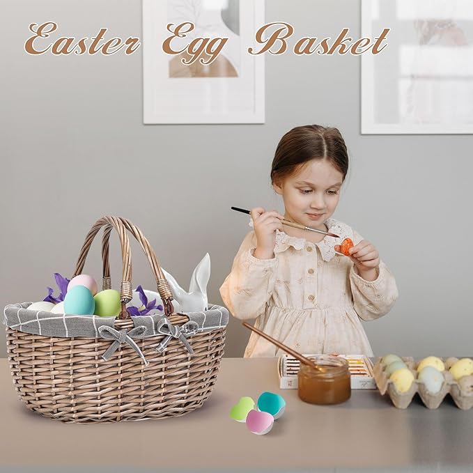 G GOOD GAIN Oval Picnic Basket with Folding Handles, Willow Hand Woven Shopping Basket, Bath Toy Kids Toy Storage Gift Packing Basket, Wicker Empty Easter Eggs and Candy Small Gift Basket.GreyCheck