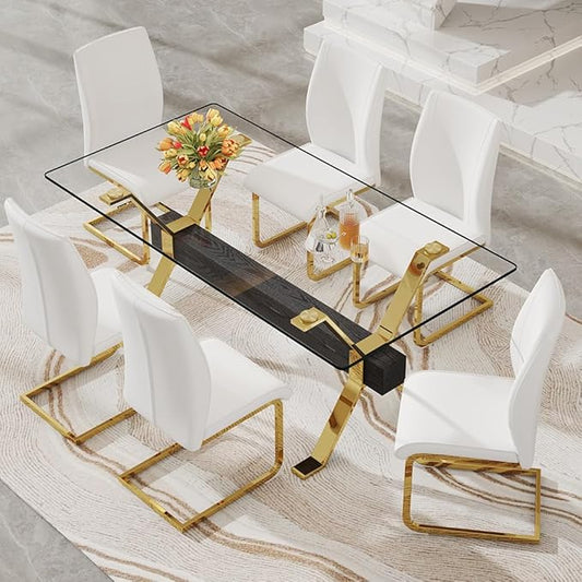 71'' Modern Dining Table Set for 6,7 Piece Glass Dining Table Set with Open‑Frame X‑Shaped Golden Metal Base,Gold Kitchen Table and Chairs Ideal for Dining Room&Home Office
