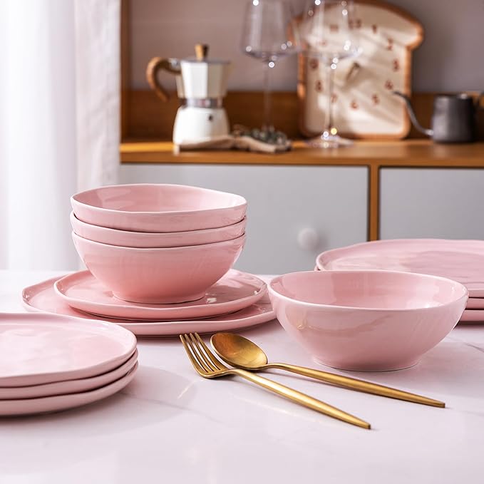 LERATIO Ceramic Dinnerware Sets for 4,Porcelain Plates and Bowls Sets with Wavy Edge,Microwave & Dishwasher & Oven Safe,Light Weight & Scratch Resistant Dishes Sets-Service for 4 (12pcs)-Pink